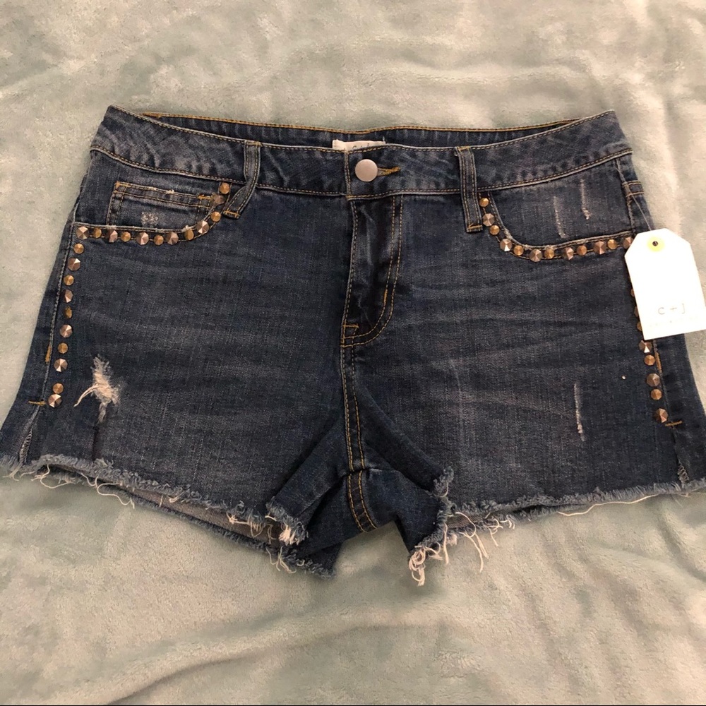 c + j collection studded distressed denim shorts
